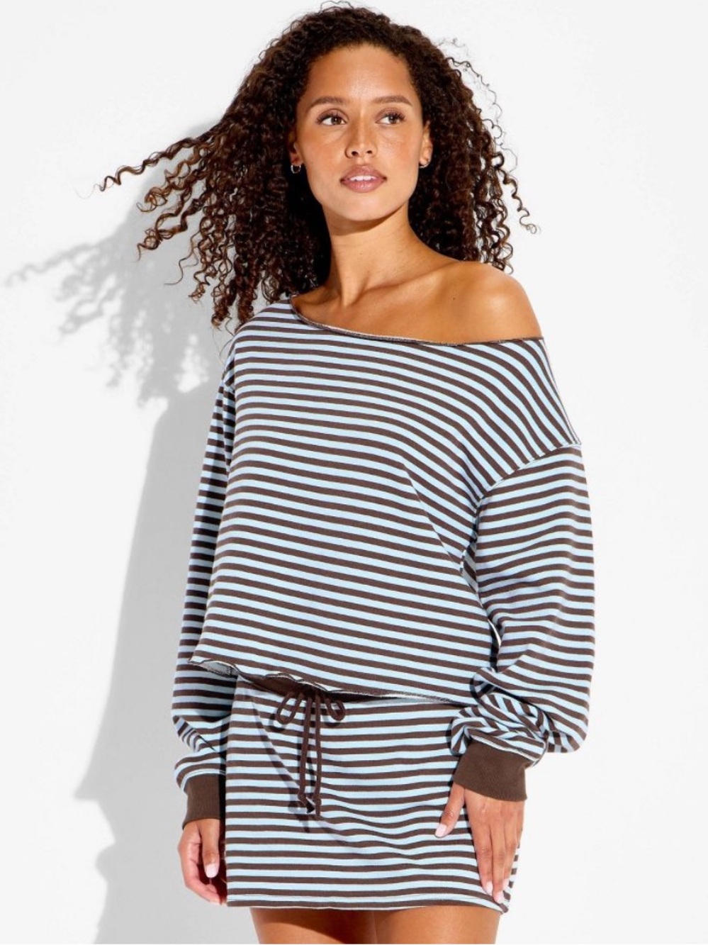 wild fable Off the Shoulder Pullover Sweatshirt Dark Brown Striped NWT L